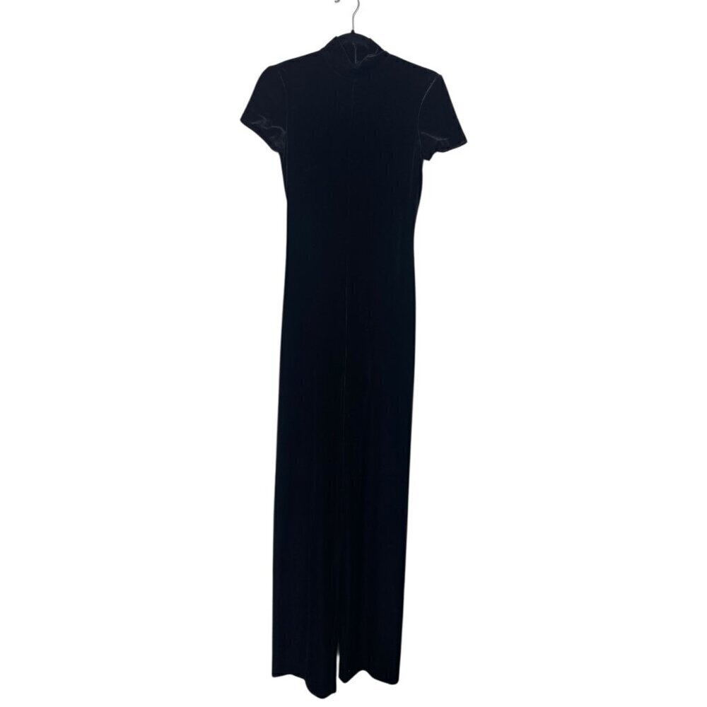 90s Vintage Black Velvet Jumpsuit Size M | Mockneck Short Sleeve Wide Leg by J.S